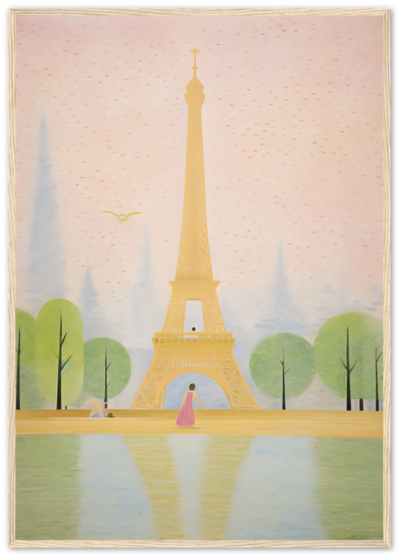 "Illustration of the Eiffel Tower with trees, a pond, and a person in pink."
