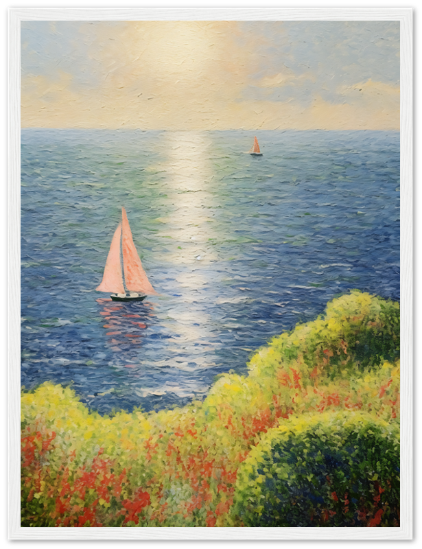 A framed painting of sailboats on a serene sea with colorful foliage in the foreground.