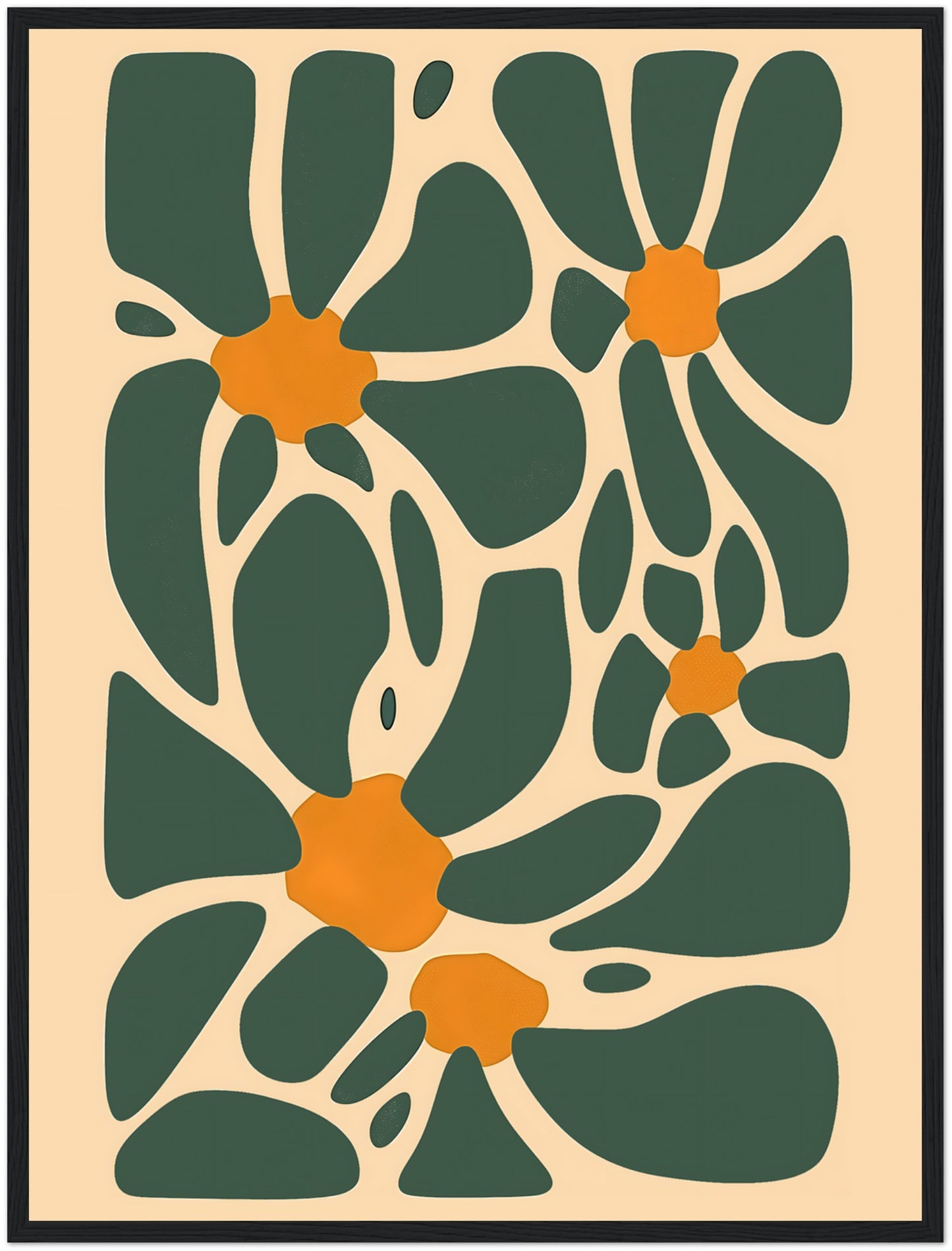 Abstract floral art with a retro color palette in a wooden frame.