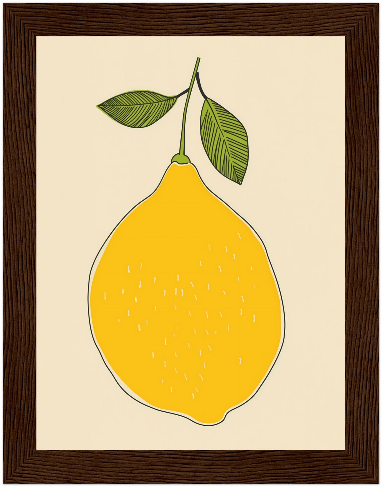 Illustration of a yellow pear with two green leaves on a light background, framed in brown.