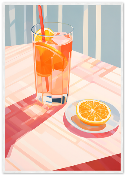 Illustration of a glass of iced tea with lemon slices, next to a lemon slice on a plate, on a striped tablecloth.