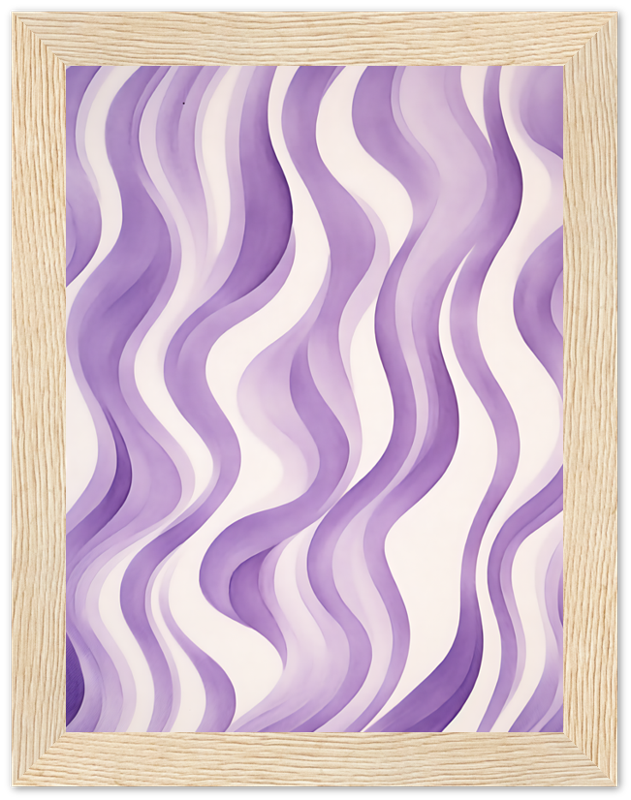 An abstract painting with wavy purple lines framed in light wood.