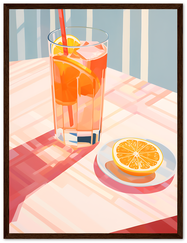 A digital illustration of a glass of iced drink with a slice of orange, on a table with sunlight casting shadows.