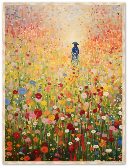 A painting of a person standing amidst a vibrant field of multicolored flowers.