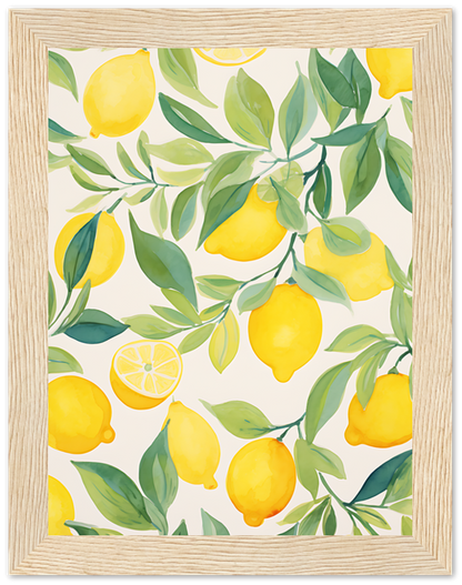 A framed illustration of lemons and leaves on a light background.