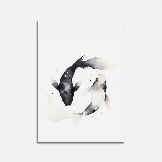 Two koi fish in yin-yang formation, black and white, watercolor style on a plain background.