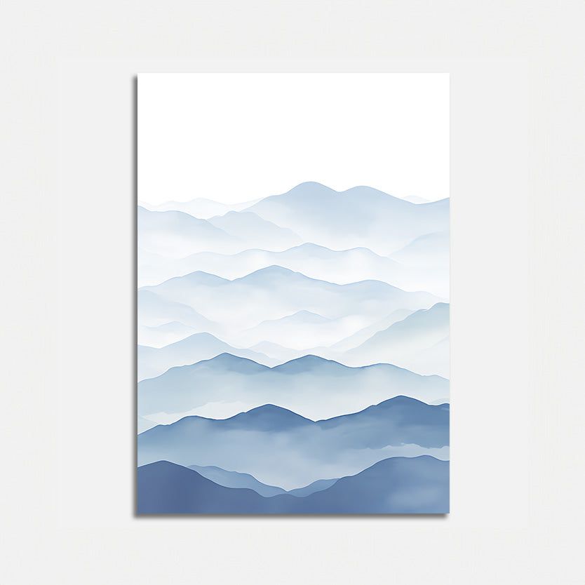 An abstract painting of blue mountain ranges with a soft, foggy appearance on a white background.