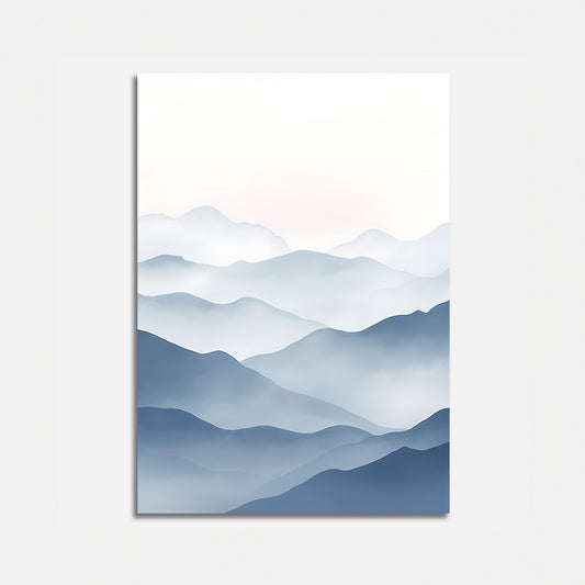 Abstract mountain layers in shades of blue and white creating a serene landscape.