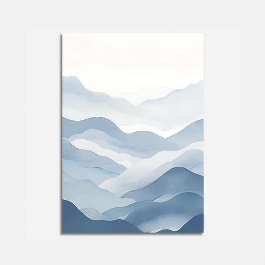 Abstract art of blue mountain layers on a white background.