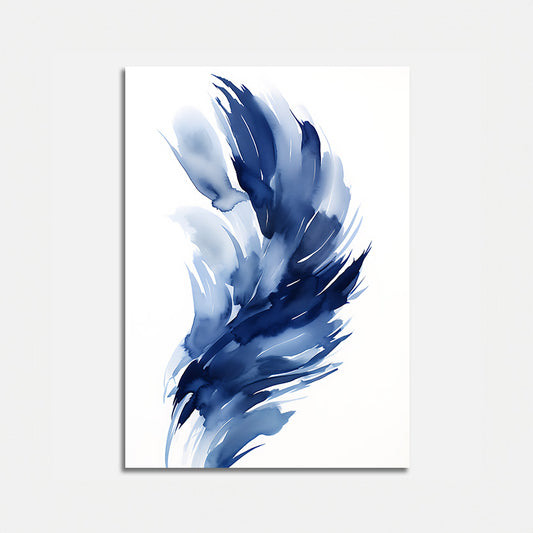 Abstract blue feather painting on a white canvas.