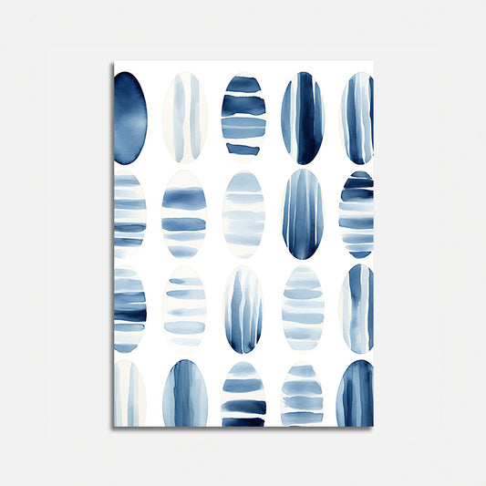 Abstract painting with blue and white oval shapes on a canvas.