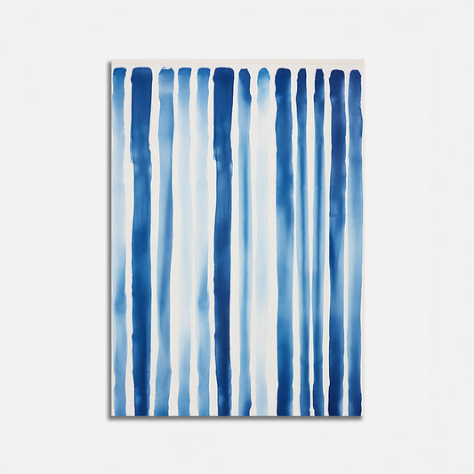 Modern abstract painting with vertical blue streaks on a white background.