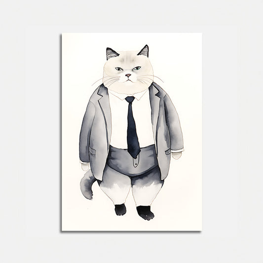 Illustration of a cat standing on two legs, dressed in a business suit and tie.