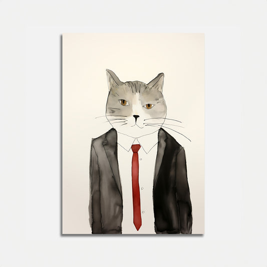 An illustration of a cat with a human-like body dressed in a suit and tie.