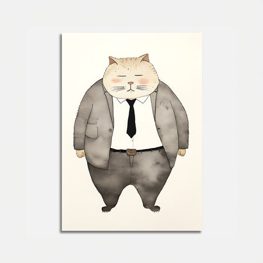 Illustration of a chunky cat standing upright in a suit and tie.