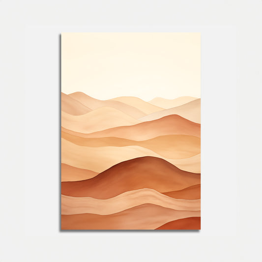 Abstract art of layered earth-toned hills or dunes against a pale sky.