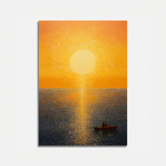 A painting of a sunset with a large sun over water and a small boat.