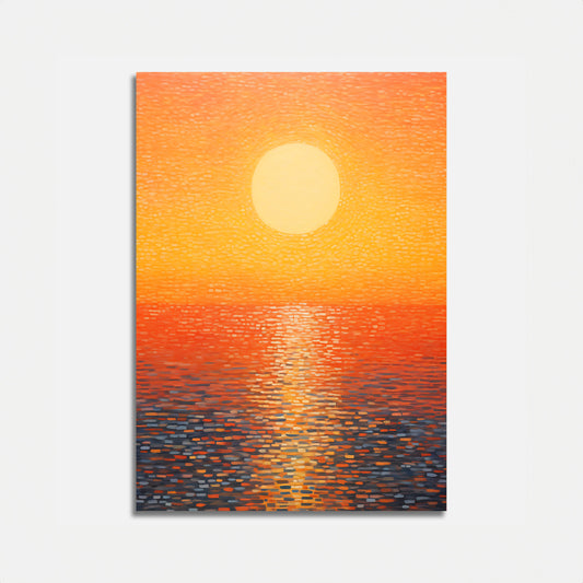 Abstract painting of a sunset over water with sun reflection.