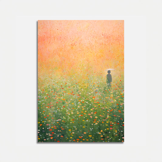 A painting of a person standing in a field of colorful flowers with a bright, speckled sky.