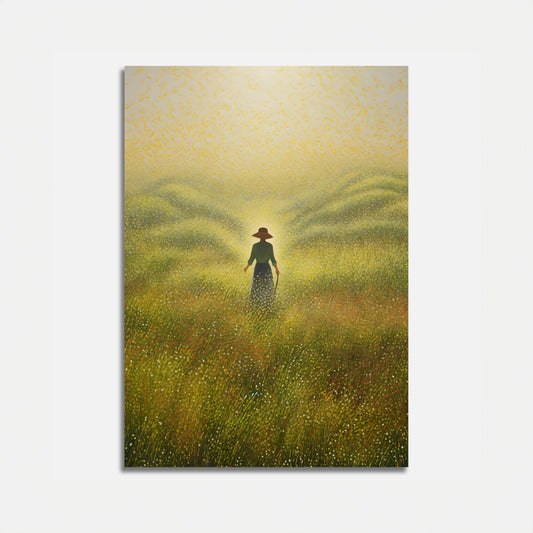 A painting of a person in a field under a golden sky with light patterns.