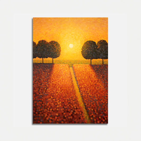 A vibrant painting of a sunset with a path leading through fields and trees silhouetted against the orange sky.