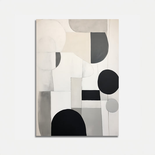 Abstract geometric painting with circles and rectangles in monochrome tones.