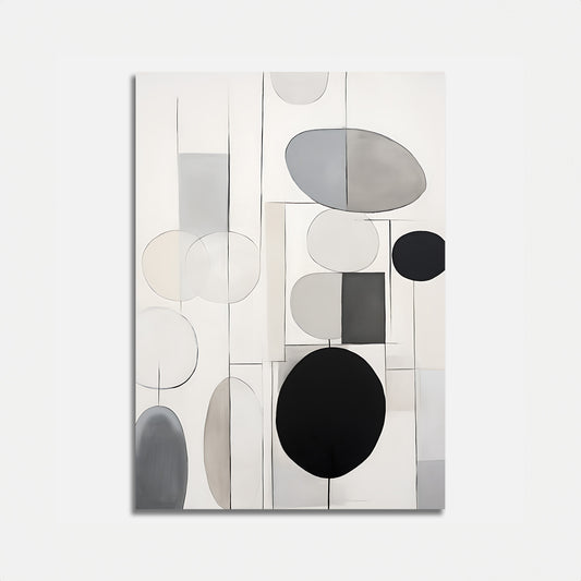 Modern abstract painting with geometric shapes in a monochromatic color scheme.