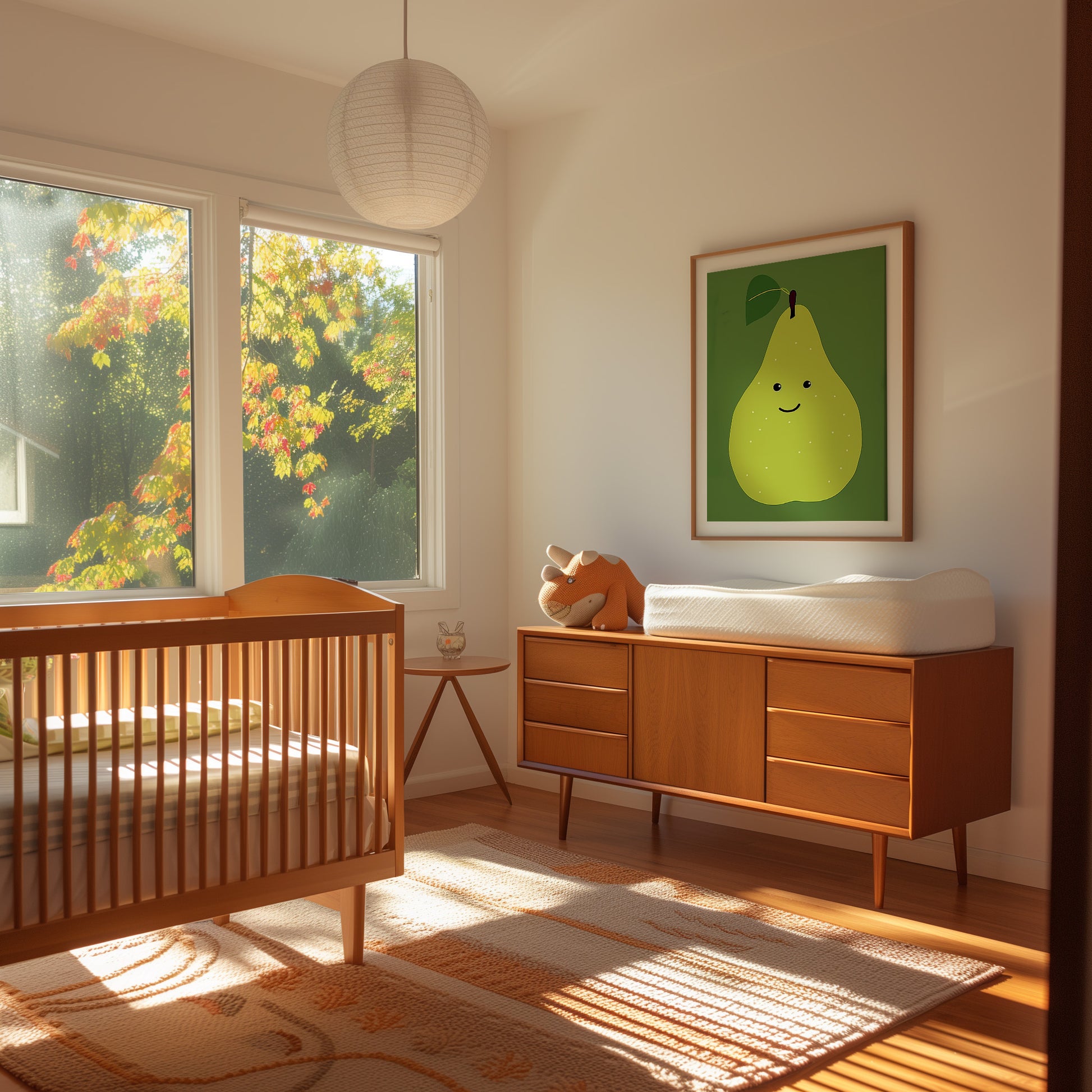 A cozy nursery with a crib, dresser, and colorful autumn trees outside the window.