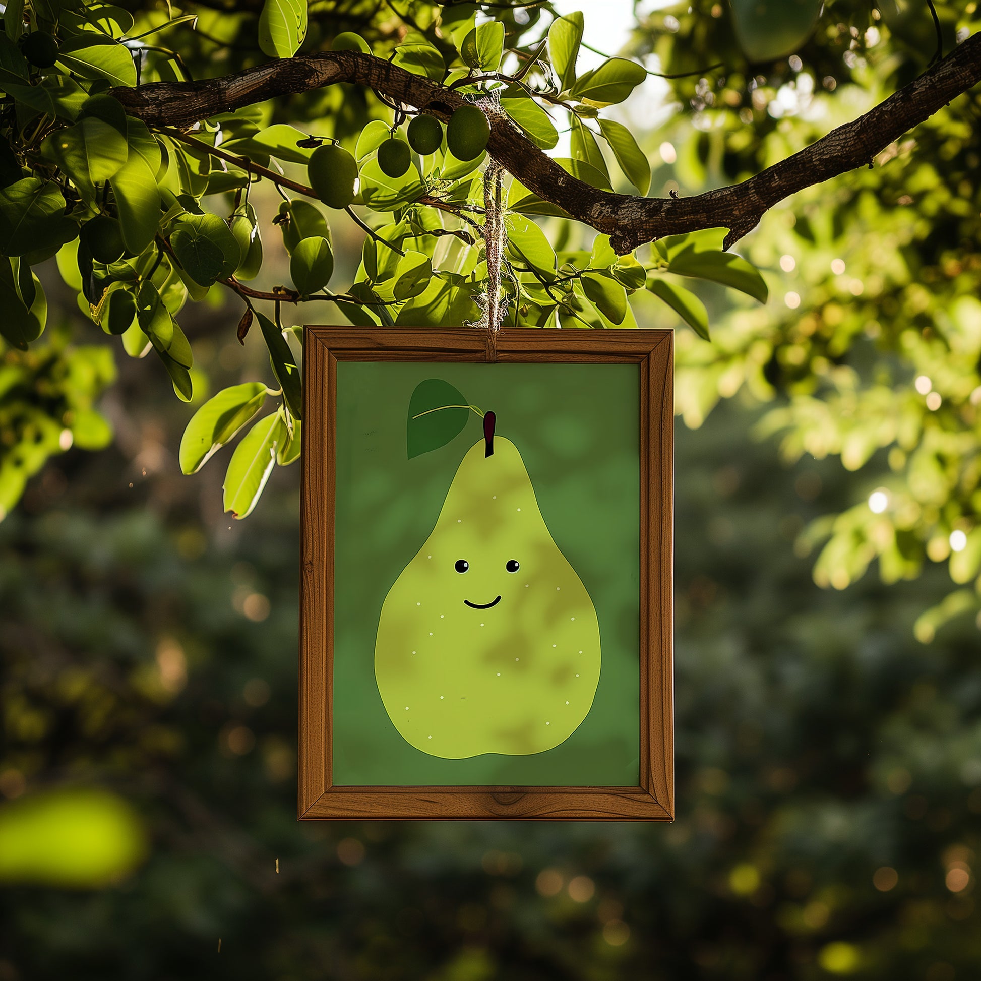 A framed illustration of a smiling pear hanging from a tree branch.