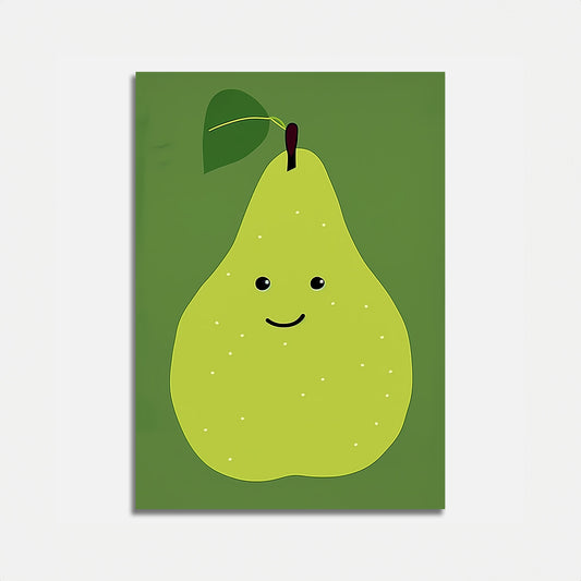 A whimsical illustration of a smiling pear with a leaf and stem on a green background.