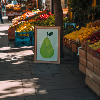A framed picture of a cartoon pear on a sidewalk next to a fruit stand.
