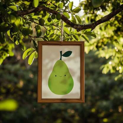 A framed illustration of a cute green pear hanging from a tree branch.