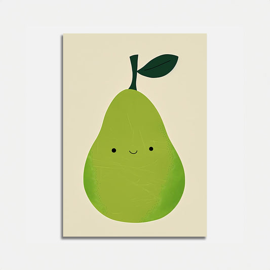 A cute illustration of a smiling green pear on a beige background.