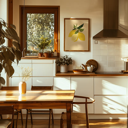 A cozy kitchen with sunlight, plants, and a lemon picture on the wall.