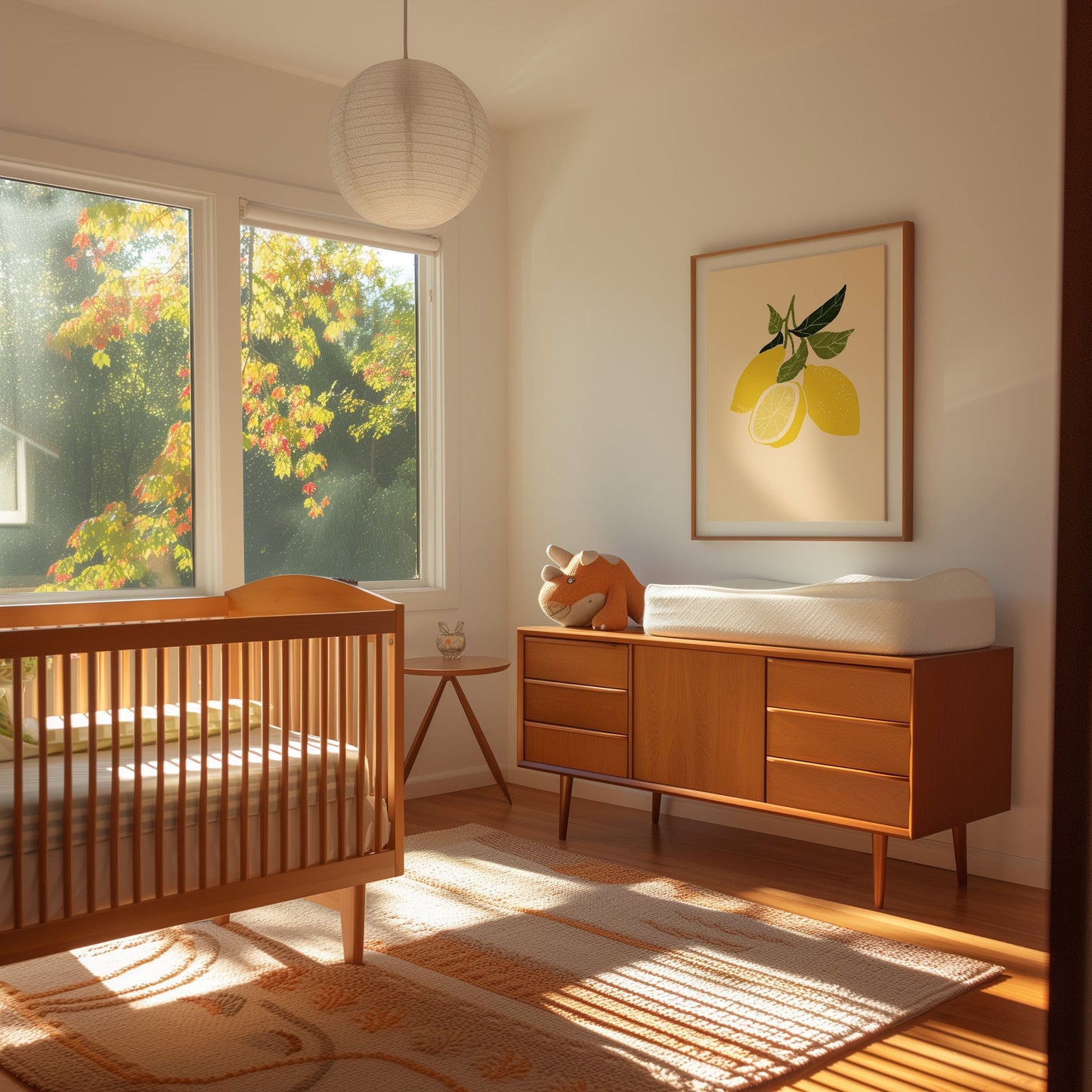 A cozy nursery with a crib, dresser, and warm sunlight filtering through autumn leaves outside the window.