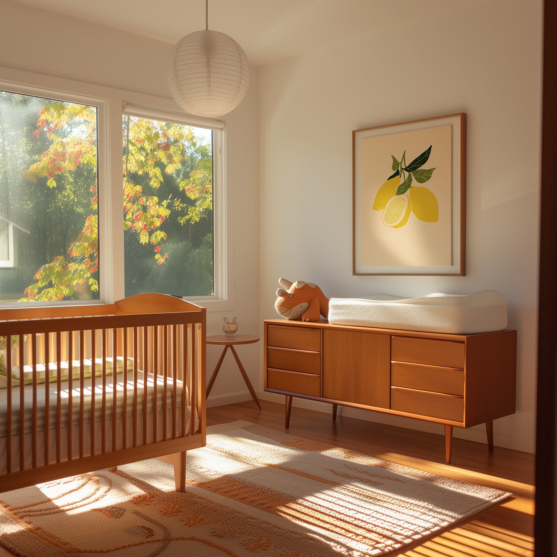 A cozy nursery with a crib, dresser, and warm sunlight filtering through autumn leaves outside the window.