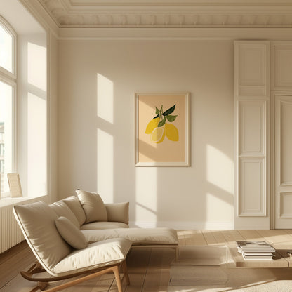 A bright, sunny room with a white sofa and a framed painting of lemons on the wall.