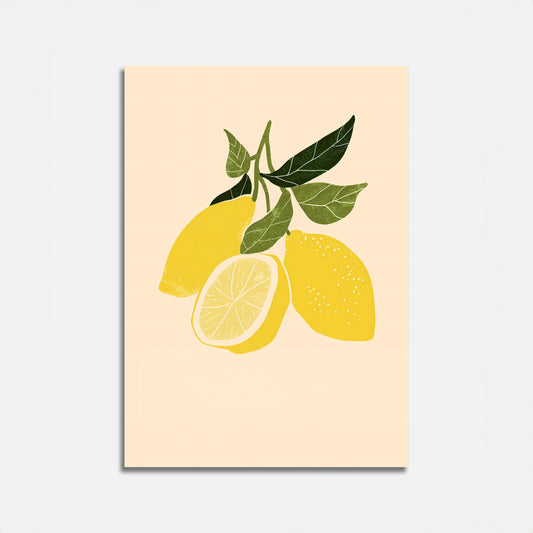 Illustration of bright yellow lemons with leaves on a beige background.