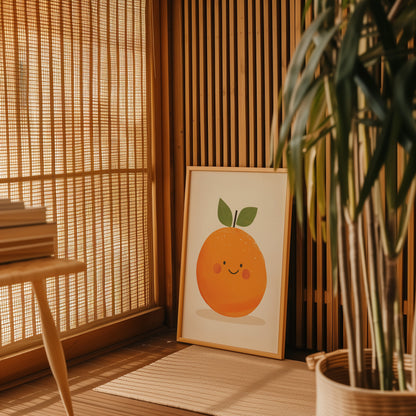 A picture of a cute orange illustration placed beside a potted plant indoors.
