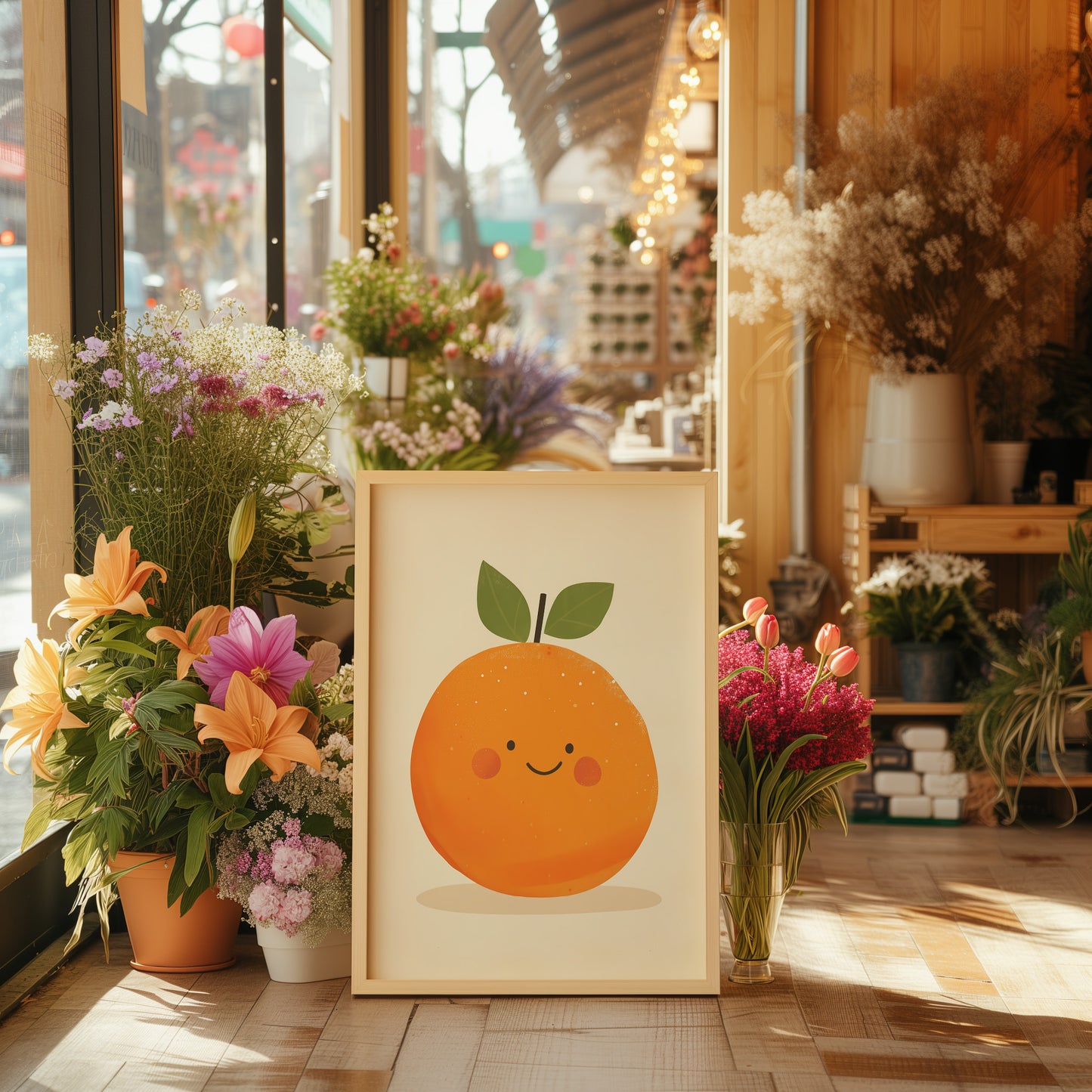 A cute orange illustration displayed in a sunny flower shop.