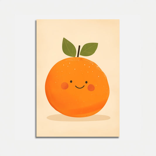 Illustration of a cute smiling orange with leaves on a pale background.