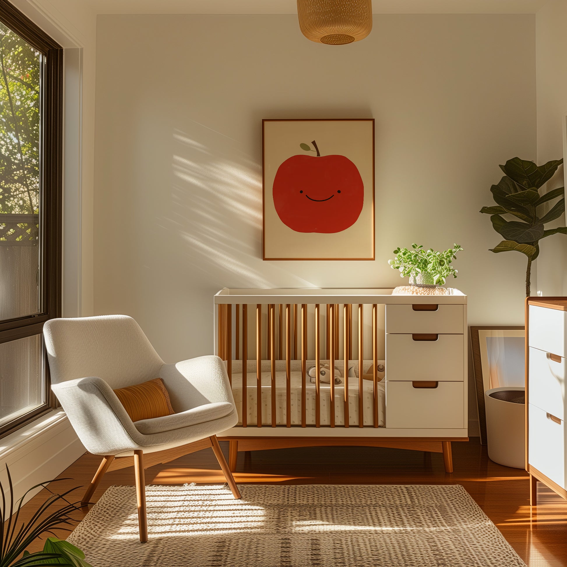 A cozy nursery room with a crib, armchair, and a smiling apple picture on the wall.