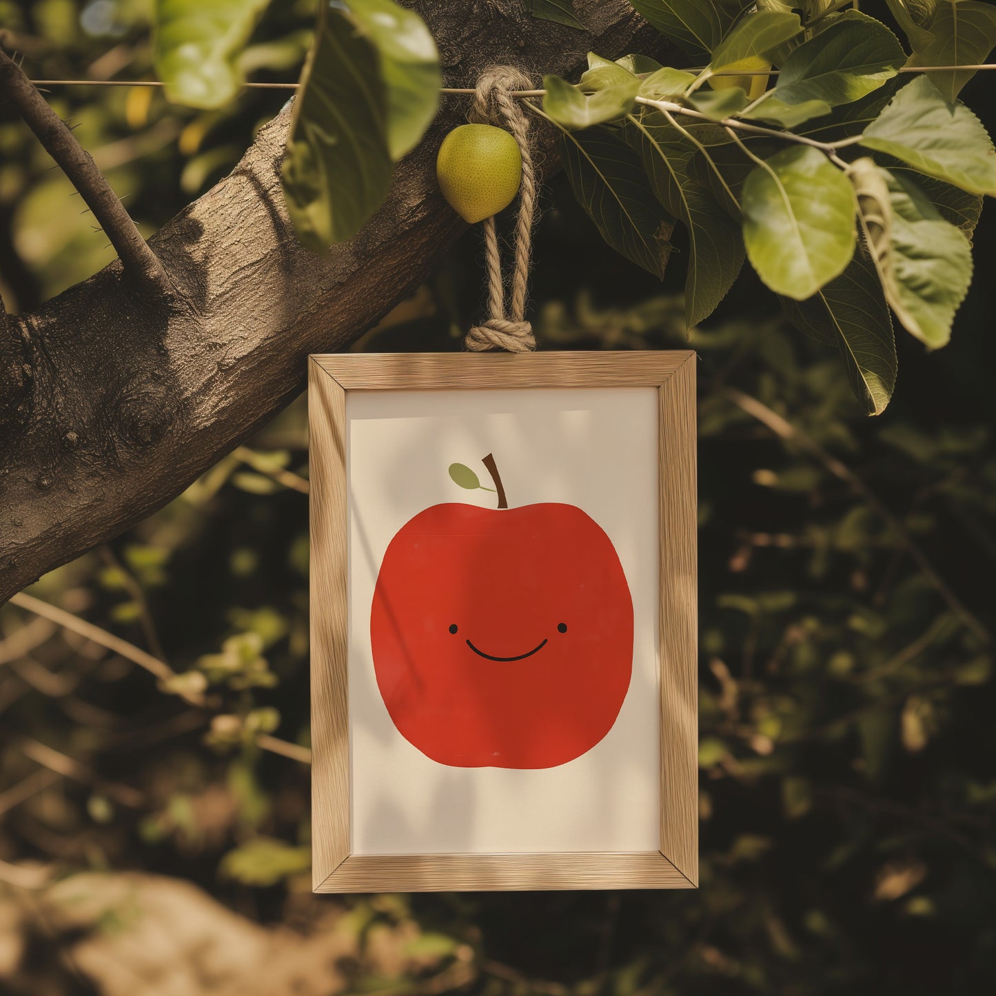 A framed illustration of a smiling red apple hanging from a tree branch.