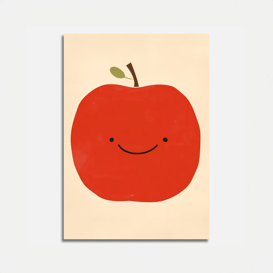 Illustration of a cheerful red apple with a smiling face on a light background.