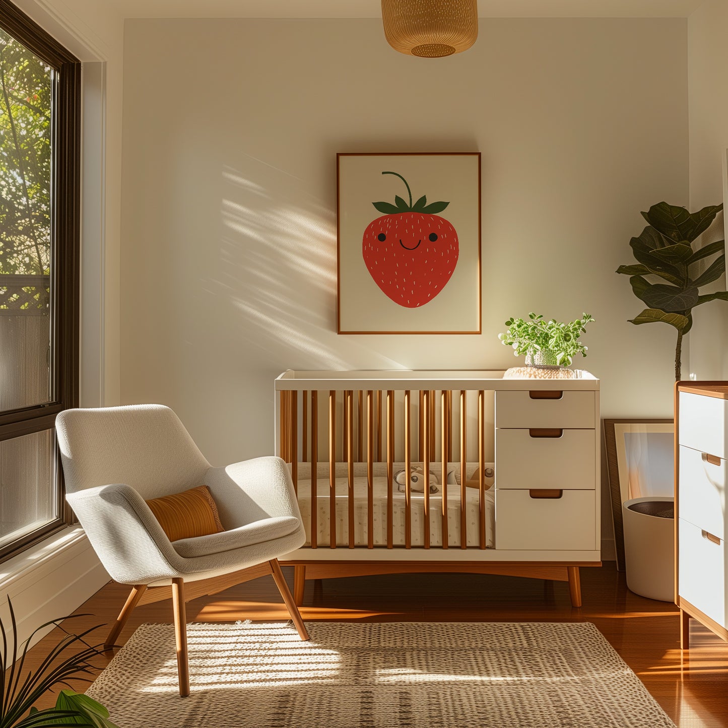 A cozy nursery with a crib, armchair, and strawberry artwork on the wall.