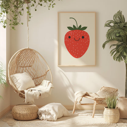 A cozy room with a hanging chair, plants, and a framed strawberry picture on the wall.
