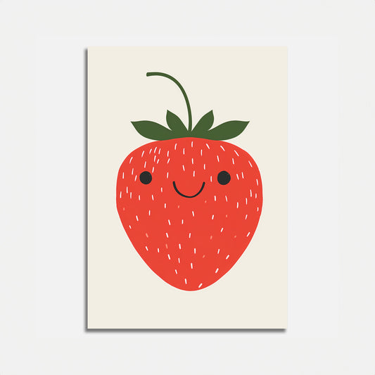 Illustration of a cute smiling strawberry on a light background.