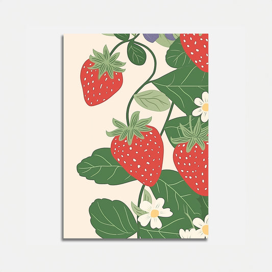 Decorative illustration of strawberries and flowers on a light background.