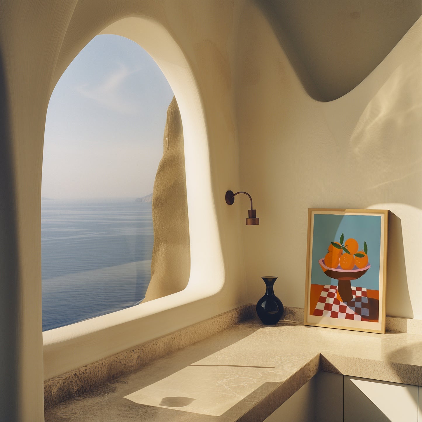 Seaside room with smooth walls, arched window, and painting next to a vase.