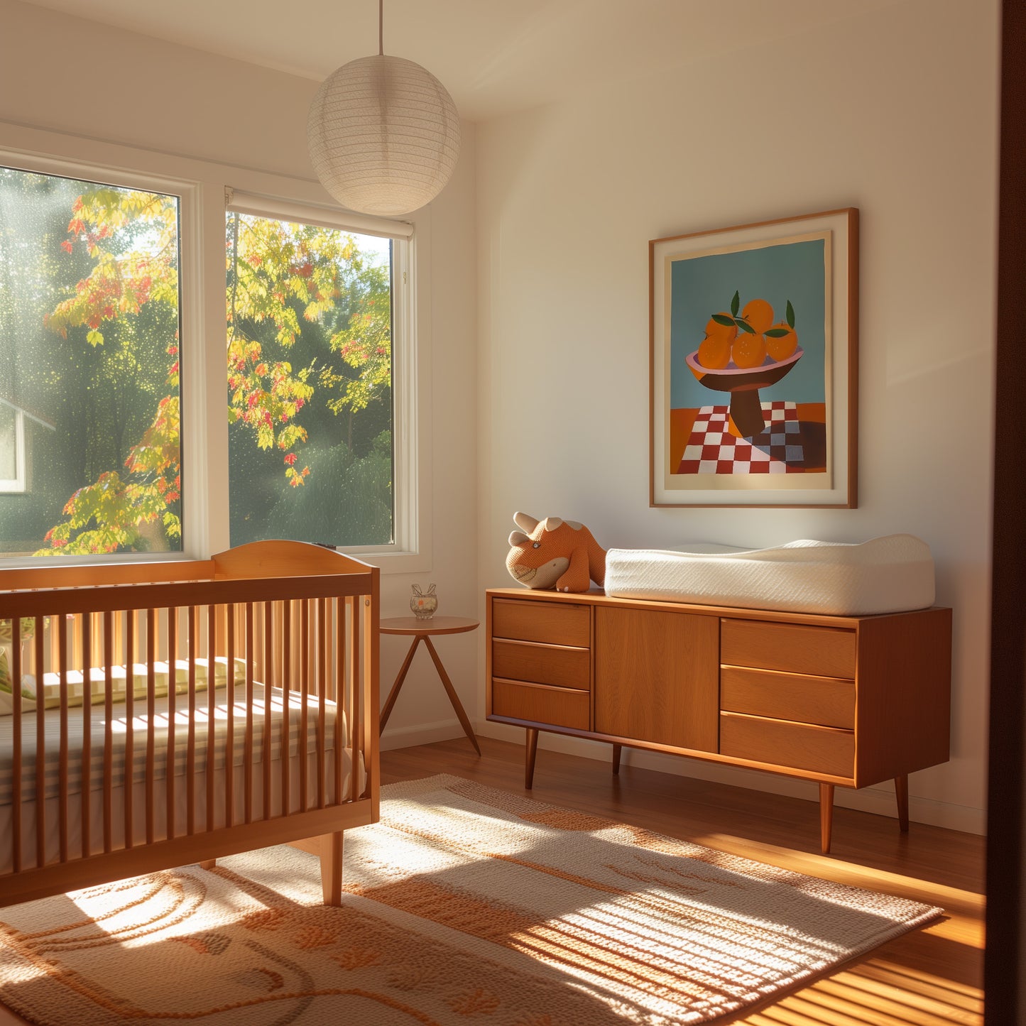 A cozy bedroom with mid-century modern furniture and autumn trees visible outside the window.